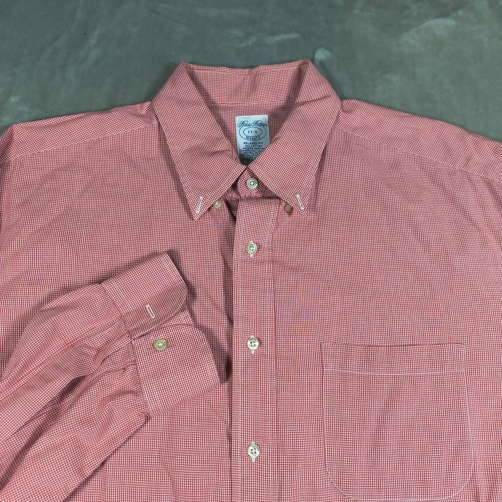 Brooks Brothers Makers Shirt Mens 17.5 Red Gingham Button Up Long Sleeve Cotton